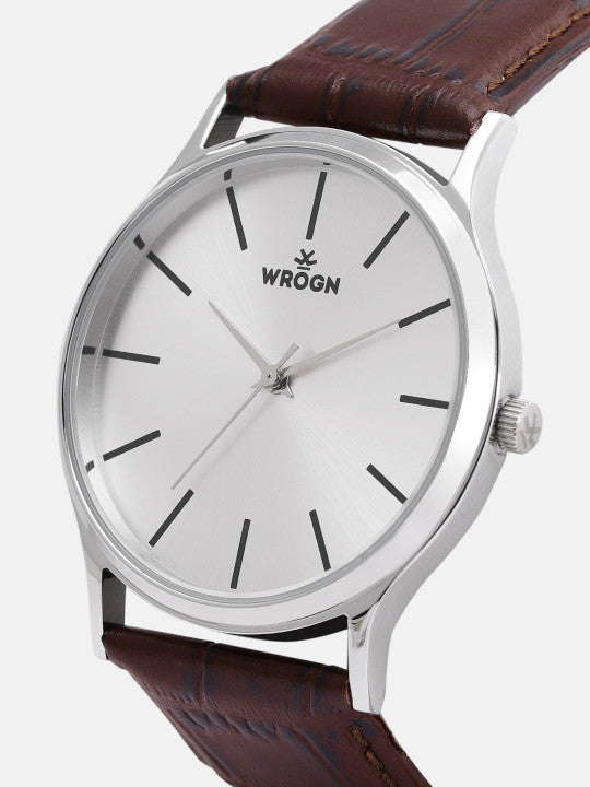 Classic Silver Dial Brown Leather Strap Analog Watch for Men