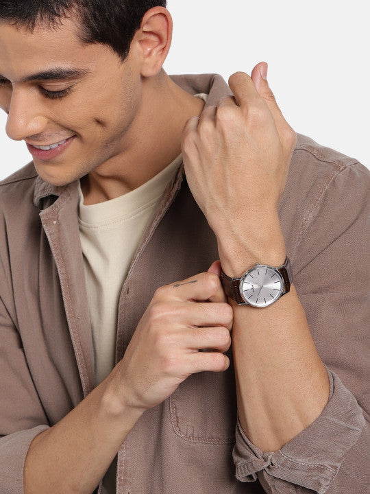 Classic Silver Dial Brown Leather Strap Analog Watch for Men