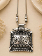 Navratri Special Oxidized Silver Square Pendant Necklace Set