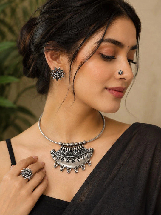 Navratri Special Oxidized Silver Tribal Pendant Necklace Set