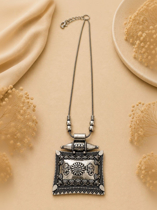 Navratri Special Oxidized Silver Square Pendant Necklace Set