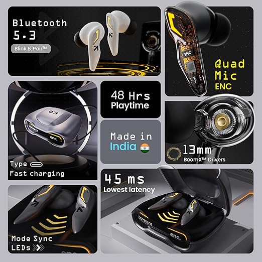 GOBOULT Astra Truly Wireless in Ear Earbuds with 48H Playtime, Built-in App Support, 45ms Low Latency Gaming, 4 Mics ENC, Breathing LEDs,13mm Bass Drivers, TWS Ear Buds (White Opal)