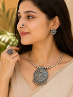Navratri Special Oxidized Silver Round Pendant Necklace Set