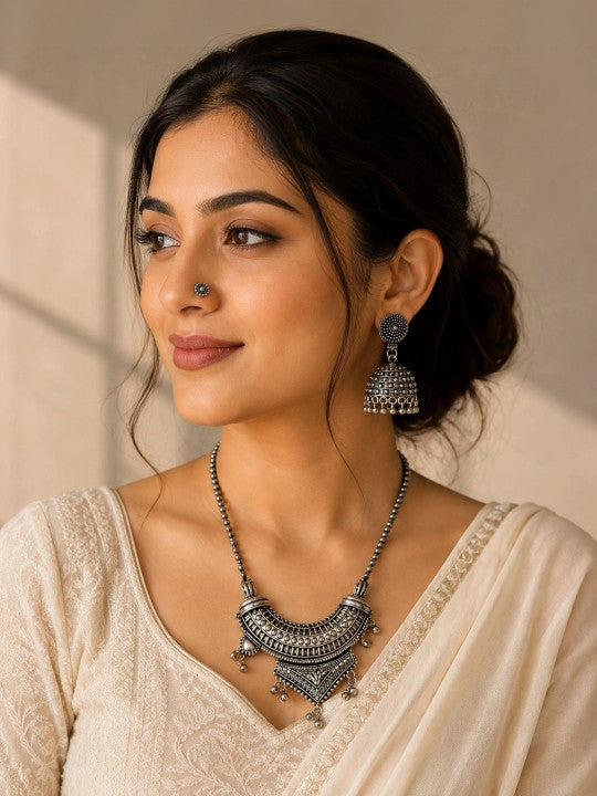 Navratri Special Oxidized Silver Statement Necklace & Jhumka Set