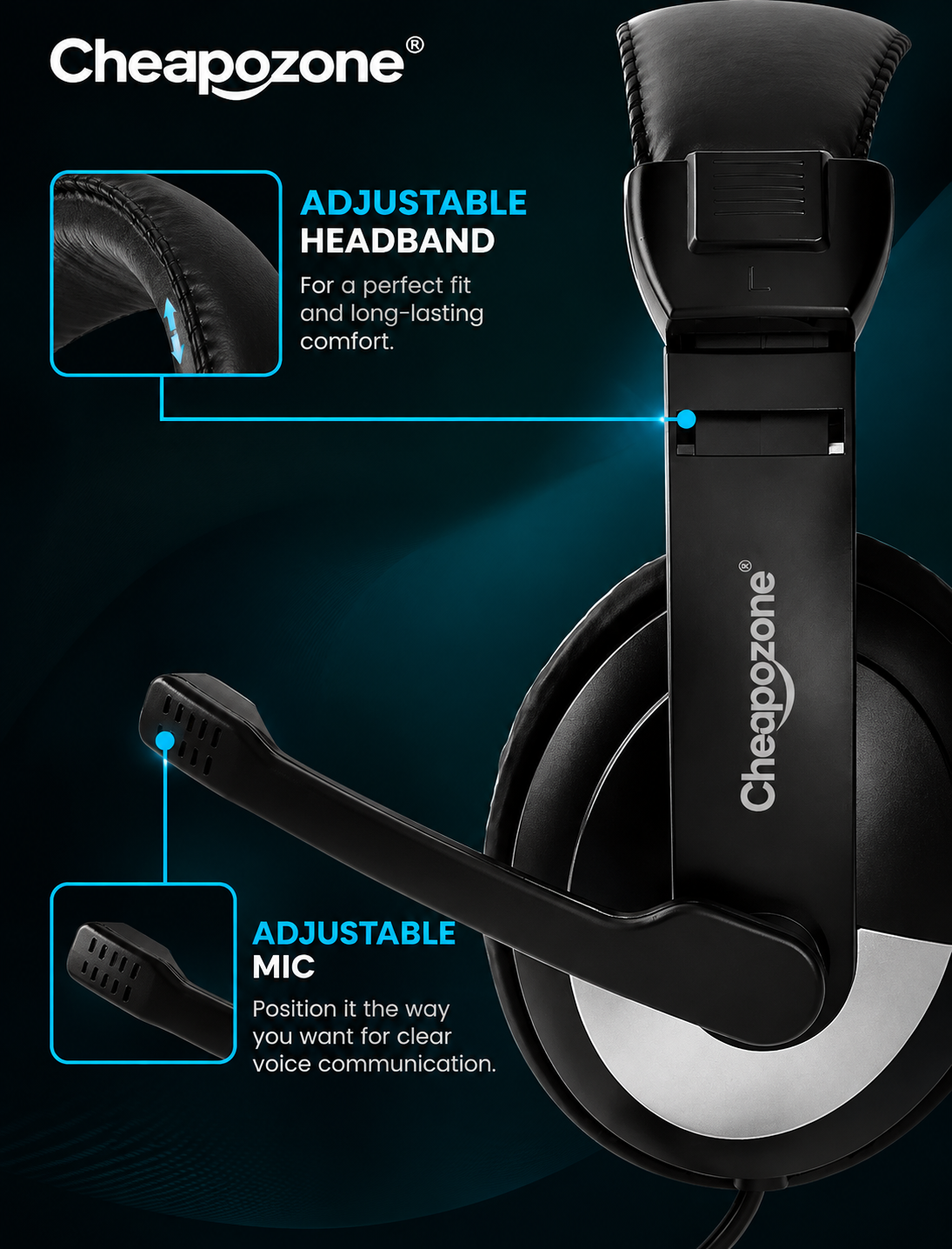 Cheapozone ZEB-200HM Wired On-Ear Headphones with Mic | Dual 3.5mm Connector | Adjustable Headband | PC & Laptop Compatible