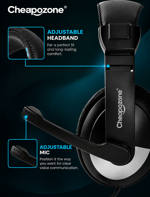 Cheapozone ZEB-200HM Wired On-Ear Headphones with Mic | Dual 3.5mm Connector | Adjustable Headband | PC & Laptop Compatible