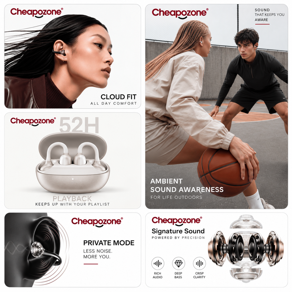 Cheapozone ProClip Open-Ear Earbuds | 52H Playback, Cloud Fit & Smart Sound