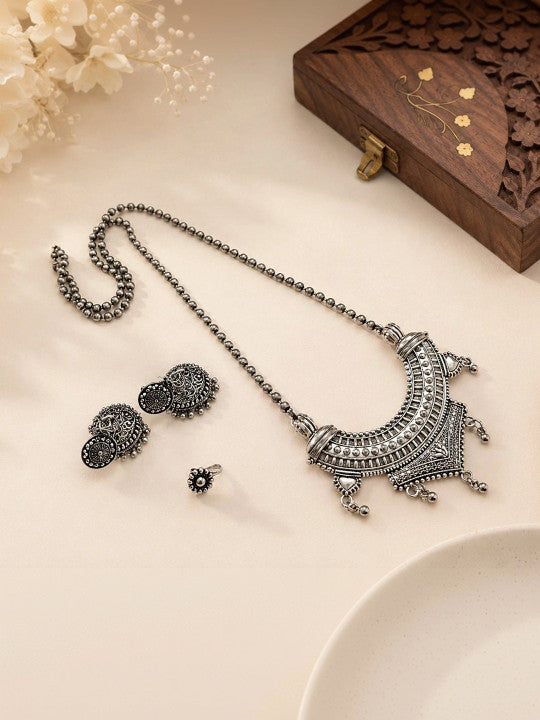 Navratri Special Oxidized Silver Statement Necklace & Jhumka Set