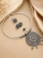 Navratri Special Oxidized Silver Mandala Pendant Necklace Set