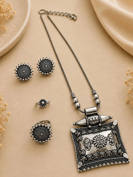 Navratri Special Oxidized Silver Square Pendant Necklace Set