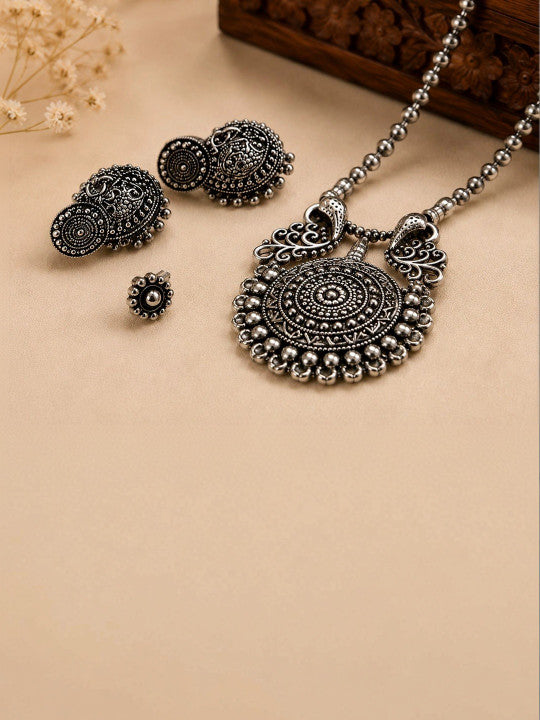 Navratri Special Oxidized Silver Round Pendant Necklace Set