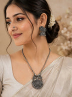 Navratri Special Oxidized Silver Round Pendant Necklace Set