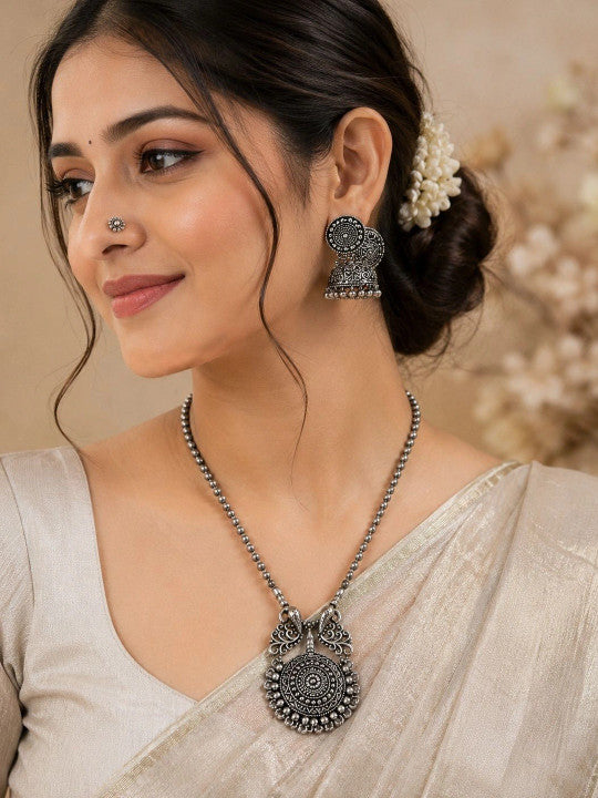 Navratri Special Oxidized Silver Round Pendant Necklace Set