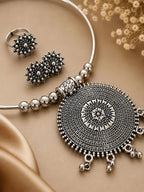 Navratri Special Oxidized Silver Mandala Pendant Necklace Set