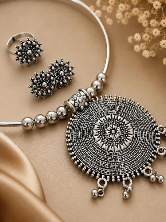 Navratri Special Oxidized Silver Mandala Pendant Necklace Set