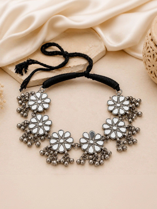 Navratri Special Floral Oxidized Silver Necklace & Earrings Set