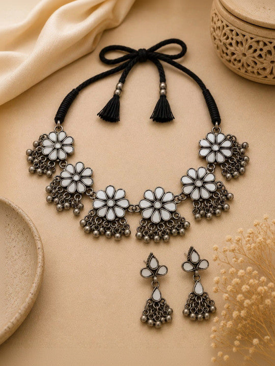 Navratri Special Floral Oxidized Silver Necklace & Earrings Set