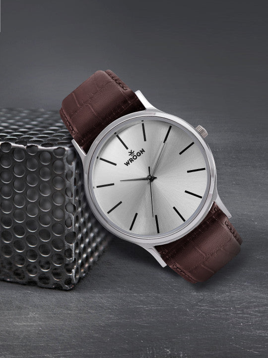 Classic Silver Dial Brown Leather Strap Analog Watch for Men