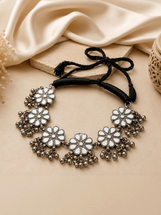 Navratri Special Floral Oxidized Silver Necklace & Earrings Set