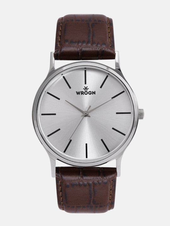Classic Silver Dial Brown Leather Strap Analog Watch for Men