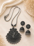 Navratri Special Peacock Oxidized Silver Pendant Necklace Set