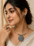 Navratri Special Oxidized Silver Mandala Pendant Necklace Set