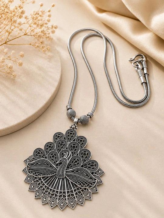 Navratri Special Peacock Oxidized Silver Pendant Necklace Set