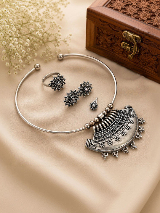 Navratri Special Oxidized Silver Tribal Pendant Necklace Set