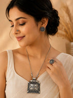 Navratri Special Oxidized Silver Square Pendant Necklace Set
